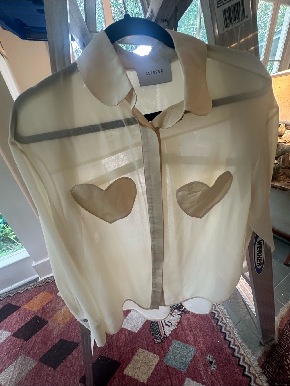 Sleeper Sheer Cream Heart-Patch Button-Up Blouse